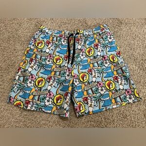 BUC-EES Men's SWIM TRUNKS Beaver Palm Trees Beach Tropical Cartoon Blue Size 2X
